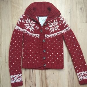 Abercrombie & Fitch Red and Cream Nordic Shawl-Collar Cardigan